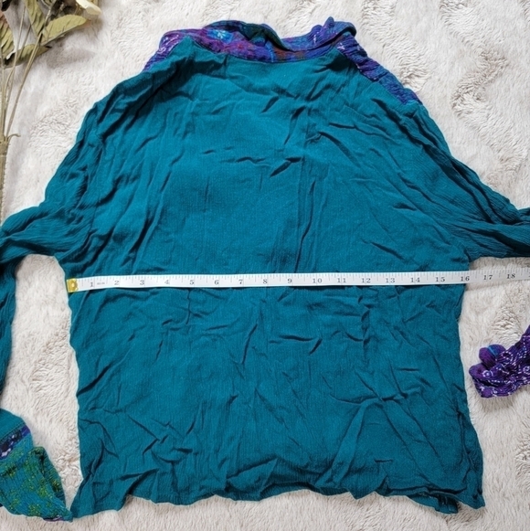 Vintage CM Shapes Turquoise Blue Green Patchwork Button Up Blouse Size 6 - Picture 8 of 8